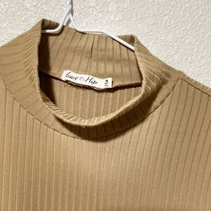 Heart Hips Tan Ribbed Cowl Neck Sweater